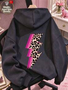 Women's Acid Wash Pink Leopard Print Lightning Pattern Sweatshirt, Casual Pullover Sweatshirt, Y2K Street Style Vacation Black Autumn - Black - View 1