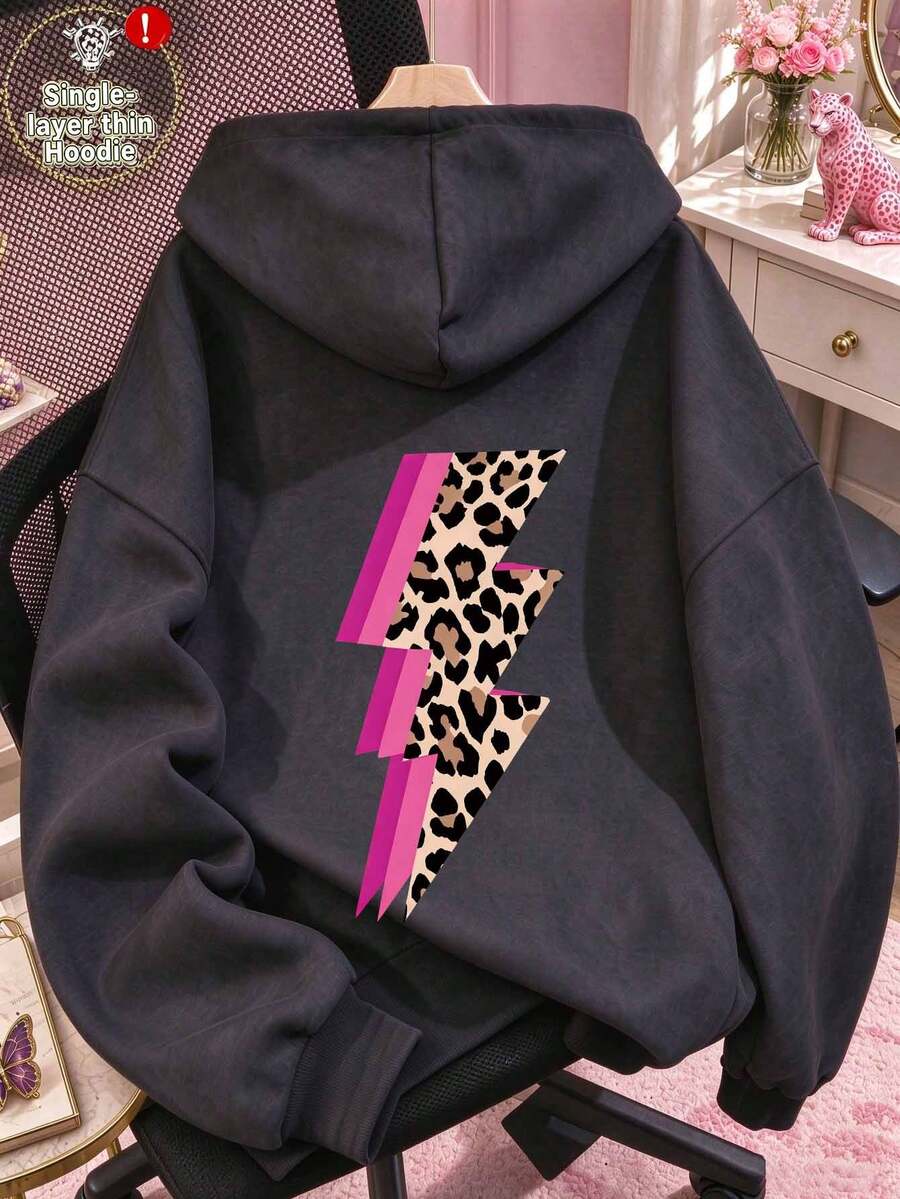 Women's Acid Wash Pink Leopard Print Lightning Pattern Sweatshirt, Casual Pullover Sweatshirt, Y2K Street Style Vacation Black Autumn - Black - View 1