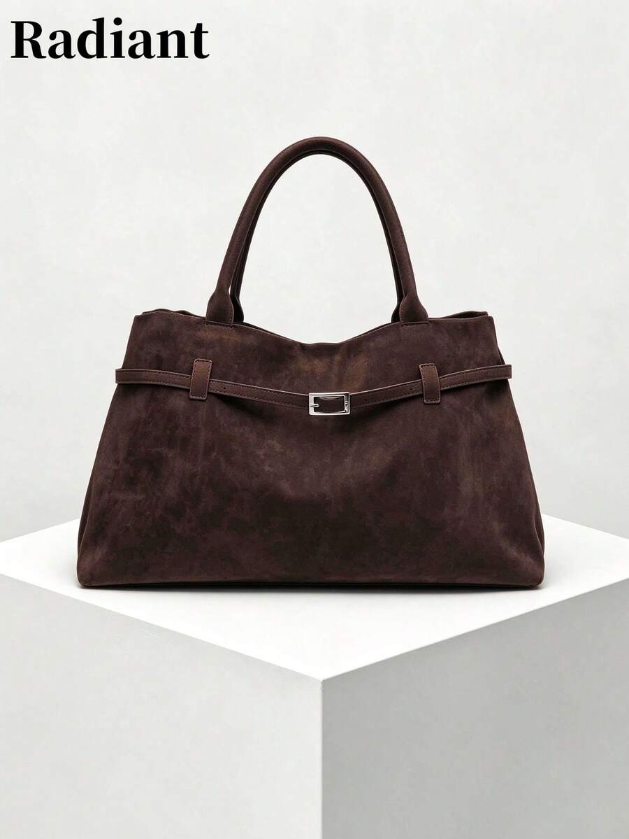 Women's Solid Color Suede Handbag With Buckle Strap, Large Capacity Casual Vintage Shoulder Bag, Suitable For Daily Work And Office - Coffee - View 1