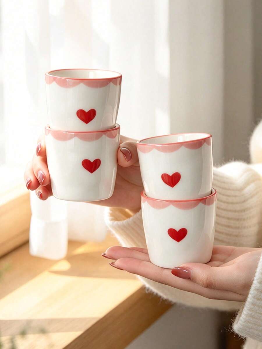 1pc/2pcs/4pcs Korean Ins Style Cute Hand-Painted Mini Ceramic Cups, Fresh Strawberry Cherry Heart Flower Small Coffee Cups, Kawaii Porcelain Tea Cups For Home Kitchen, Girls Gift, Microwave , Espresso Cups