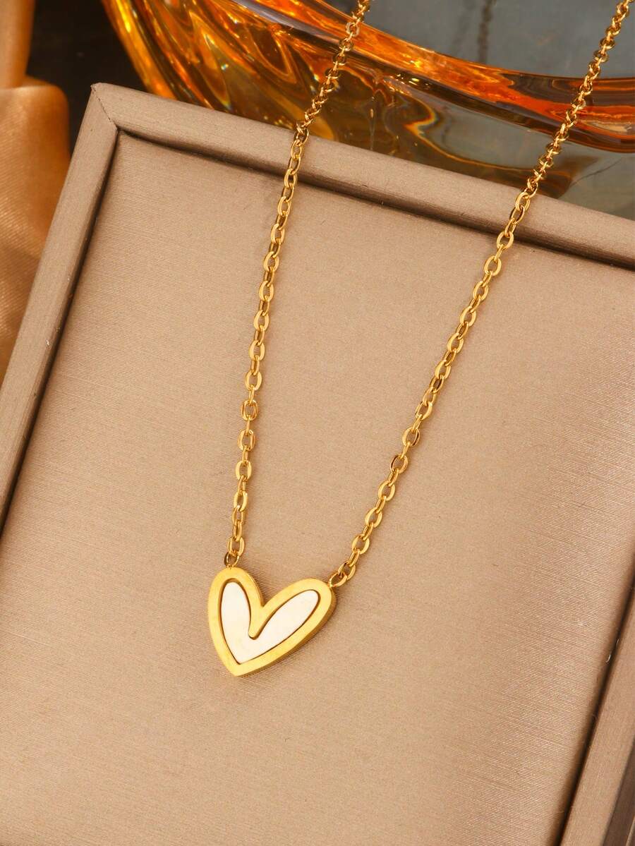 VceTd 1pc Stainless Steel Heart Pendant Necklace, Suitable As Holiday Gift For Women - Yellow Gold - View 1