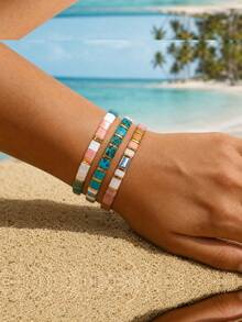 3PCS Summer Bohemian Style TILA Bead Bracelets, High-End Minimalist Elastic Design TL Bracelet Set, Stackable TL Bracelets, Birthday Gift, Family Gift, Couple Gift, Summer Gift - Multicolor - View 5