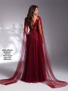 IBTRLY Spring/Summer New Elegant Luxury Burgundy Sequin Beaded Floral Decor High Slit Mesh Formal Evening Gown, Suitable For Party, Wedding, Graduation, Birthday, Celebration, Prom, Homecoming, Vacation, Date - Burgundy - View 4