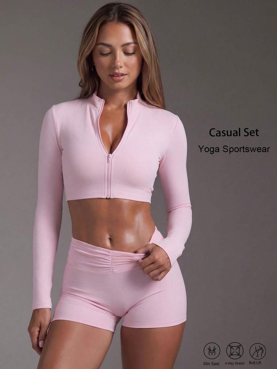 Women's Casual Sport Zip Legging 2 Pieces Set,Long Sleeve Skinny Solid Color Stand Neck Cropped Jacket,Ruched Waist Basic Biker Shorts,For Fall,Daily - Pink - View 1