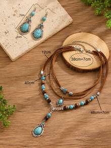 Juego de 4 piezas de collar de capas y pendientes con cuerda de ante marrón estilo vaquero occidental con colgante de lágrima de turquesa, joyería personalizada de moda vintage para mujer, adecuado para uso diario, citas, fiestas y vacaciones - Multicolor - Ver 4