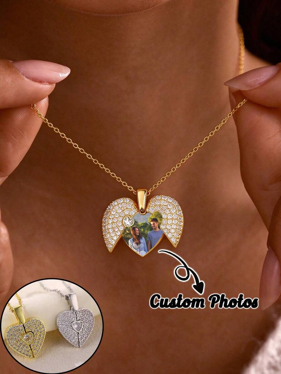 Custom Photo Heart Wings Stainless Steel Necklace, Personalized Photo Wings Jewelry, Custom Pet Or Portrait Necklace, Personalized Gift, Anniversary - Multicolor - View 1