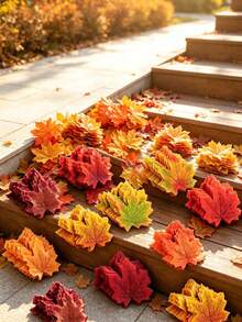 200pcs Rtificial Fall Maple Leaf Decor, Squishy Multi-Colored Faux Autumn Maple Leaves For Table Scatter/Autumn Wreath/Wedding Centerpiece/Harvest Season/Indoor Vase Filler/Backdrop Styling/Fall Home Decor Autumn/Christmas Decrations(5/50/100/200pcs) - A - View 2