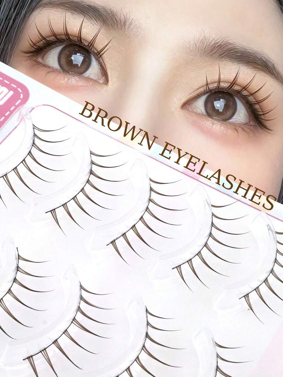 5 Pairs Brown Pointed Tip 8-Prong Thin Stem Coffee Color Korean Cartoon Eyelashes, Handmade Delicate Lashes Suitable For Natural Makeup