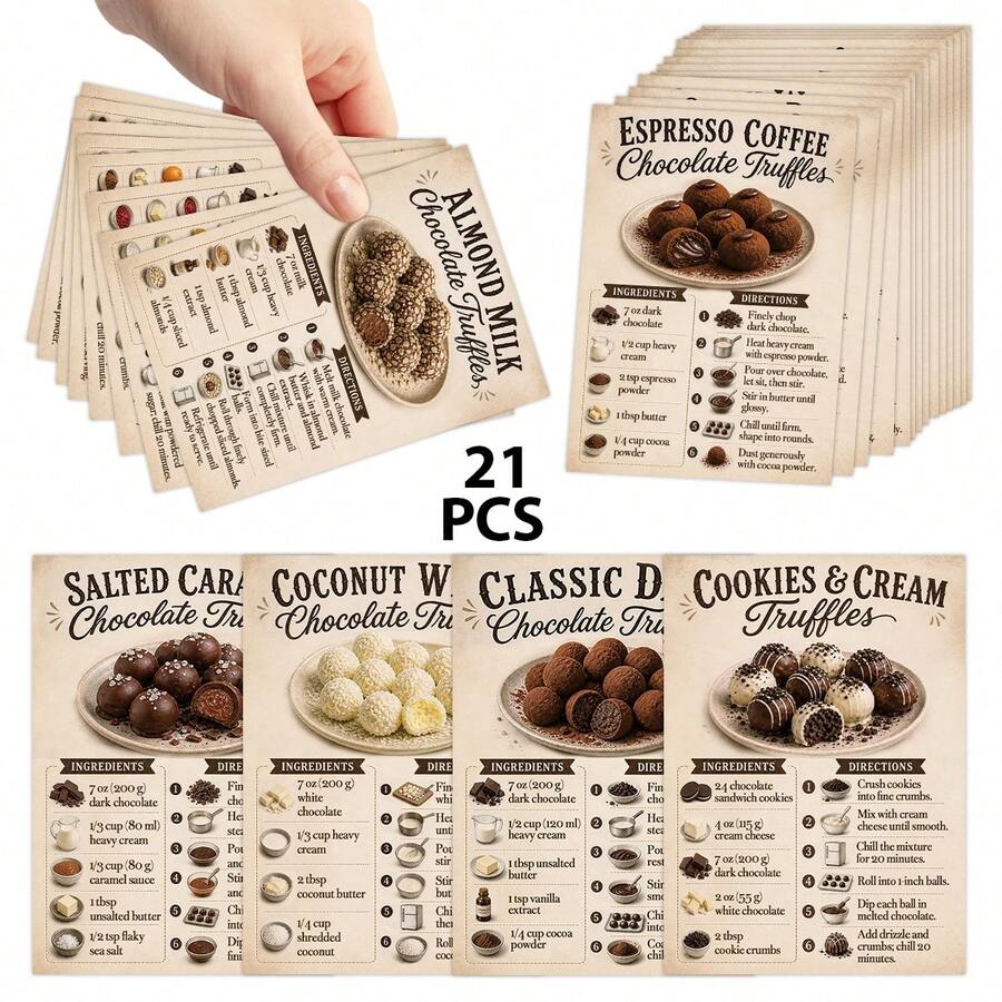 21pcs Vintage Chocolate Truffles Recipe Cards - Classic Chocolate Truffles Dessert Recipe Guide Cards With Full Ingredients & Directions, Gift For Chocolate Truffles Lovers - A - View 1