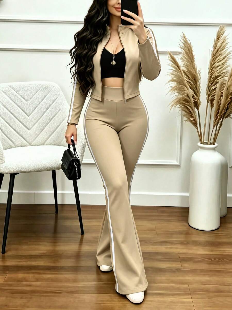 Women's Casual 2 Pieces Tracksuit Set For Spring/Autumn, Featuring A Stand Collar Short Striped Zip-Up Jacket Paired With Striped Straight-Leg Pants, Slightly Stretchy Yoga Outfit For Slim Fit - Apricot 18 - View 1