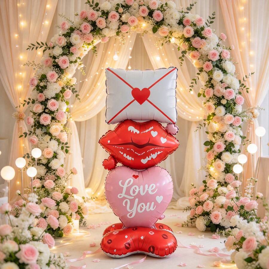 Standing Floor Heart & Red Lips Envelope Foil Balloon, Multi-Layer ...