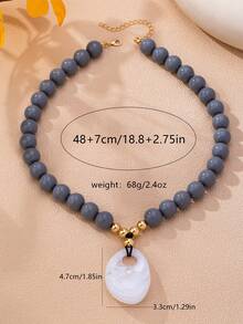 OABE 1pc Bohemian Style Grey Beaded Necklace With Geometric Pendant, Suitable For Women's Daily Wear, Autumn/Winter Fashion Accessory - Grey - View 5