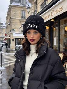 1Pc 12 Zodiac Signs Print Street Distressed Knit Beanie Hat, Warm Outdoor Fashion Couple/Student Knitted Cap, Suitable For Daily Wear, Autumn/Winter - Black - View 3