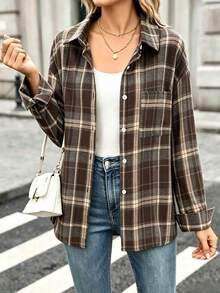 Plus Size Women's Plaid Long Sleeve Single-Breasted Casual Shirt - Brown - View 2