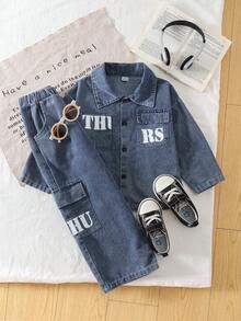 2pcs/Set Boys Blue Casual Style Pocket Letter Decor Long Sleeve Shirt, Cargo Pants, Spring/Autumn, Suitable For Daily Wear, Birthday Party, Outdoor Activities - Blue - View 2