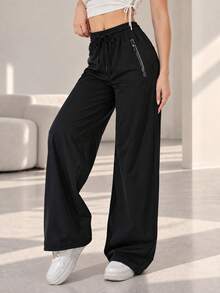 Women Black Wide Leg Sweatpants Zipper Pockets Drawstring Elastic High Waist Loose Fit Casual Athletic Lounge Pants - Black - View 7