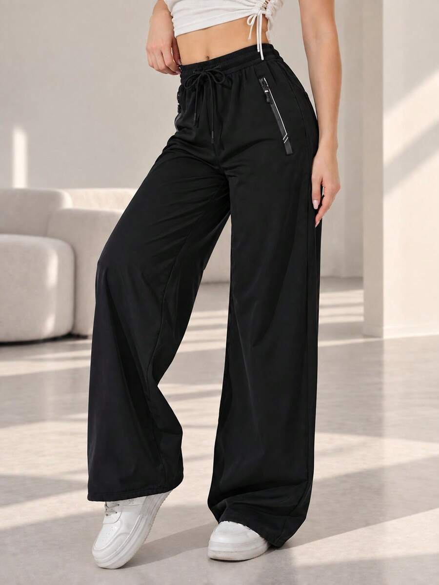 Women Black Wide Leg Sweatpants Zipper Pockets Drawstring Elastic High Waist Loose Fit Casual Athletic Lounge Pants - Black - View 1