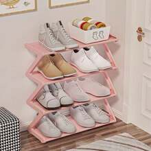 4-Tier Large Z-Shaped Shoe Rack, Easy Assembly Without Tools, Pink Plastic Stackable Storage Rack, Suitable For Home, Dorm And Living Room, Space-Saving Floor Design, Shoe Storage Rack - View 5
