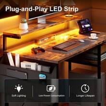 Office Computer Desk With LED Light, 120*48cm Office Table With Monitor Stand For Home/Office Use, Corner Desk With Large Storage Bag And Height Adjustable Storage Shelf, Remote Worker - Brown - View 4
