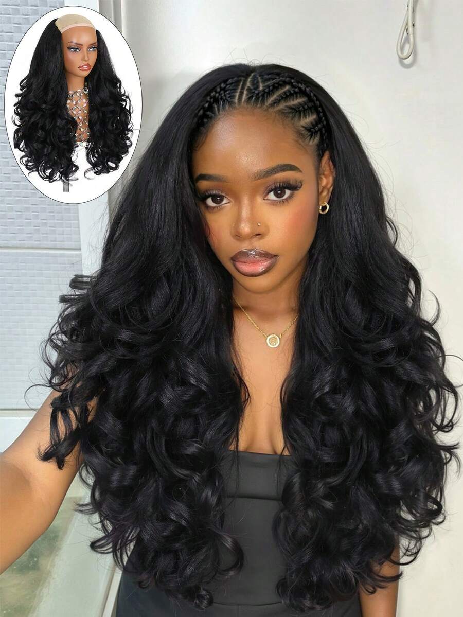 22 Inch Yaki Half Wig Layered Wavy Synthetic Hair 2-In-1 Seamless Flip Glueless Wig For Beginners Women Daily Wear - Multicolor - View 1