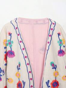 CAREE Women's Autumn/Winter White Floral Embroidered Lace-Up Front 3/4 Sleeve Open Front Loose Fit Jacket - Multicolor - View 6