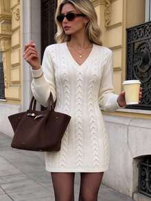 Just Masa Women's Fall Winter Casual Cable-Knit V Neck Sweater Dress,Solid Color Long Sleeve Rib-Knit Knitwear Mini Dress,For Party,Date,Going Out - Apricot - View 8