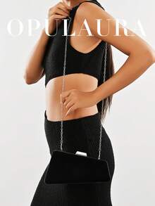 OpulAura 女款復古時尚天鵝絨手拿包，不對稱設計，歐美風高端極簡方型晚宴包，適合婚禮、派對、正式場合，可手提或斜挎，高品質鏈條肩帶 - 黑色 - 查看 9