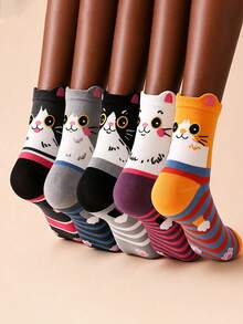 1/3/5 Pairs Women's Mid-Calf Socks With Cat Patterns - Breathable Soft Moisture Wicking, Cute Kitten Ribbed Trim Athletic Casual Socks For - Multicolor - View 2