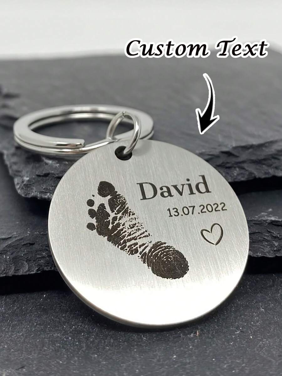 1PC Customized Keychain, Stainless Steel Jewelry, Engraved With Birthday, Name, Weight And Footprint And Handprint, Memorial Gift, Newborn Gift, Family Gift, Bag Accessory, Christmas, Halloween Gift - Multicolor - View 1