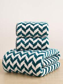 QIBHI 珊瑚絨浴巾，吸水條紋浴室毛巾/手巾，柔軟快乾臉巾，沙灘巾，浴巾，適用於浴室、泳池、健身房、海灘 - 墨綠色 - 查看 10