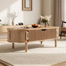 Living Room Coffee Table, Lift-Top Center Table With Storage, MDF, Rubberwood Legs, Fluted Sliding Door - Oak - View 4