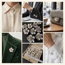 6pcs Creative Floral Asymmetrical Metal Button Set, French Vintage Iridescent Pearl Rhinestone Camellia Decorative Buttons, Suitable For Coats, Vests, Plackets, High-End Fashion Collar And Cuff Accessories, DIY Button Art Painting Craft Materials - White - View 5