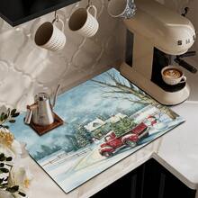 1pc Christmas Diatomaceous Earth Absorbent Mat, Truck Snow Map Pattern, Kitchen Countertop Absorbent Drying Mat, Coffee Machine Mat, Pour-Over Coffee Pot Mat, Dish Drainer Mat, Non-Slip Heat-Resistant Kitchen Mat, Dining Table Mat, Breakfast Mat, Washing Machine Mat, Home Kitchen Dining Table Coffee Shop Bar Decor Mat, Holiday Party Housewarming Gift - Multicolor - View 4