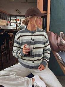 Women's Striped Knit Cardigan, Button Front, Long Sleeve Round Neck, Regular Fit, Medium Stretch, Autumn/Winter Casual Knit Sweater - Multicolor - View 1