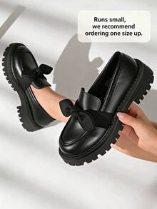 Women's Comfortable Round Toe Slip-On Loafers With Bow Decor And Chunky Heel, Suitable For Office Work And Casual Wear - Black - View 1