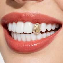 Hip Hop Single Tooth Rhinestone Studded Door-Shaped Grillz Halloween Gold Tooth - Multicolor - View 2