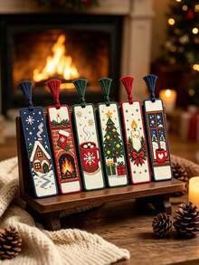 6pcs Christmas‑Themed Cross‑Stitch Bookmark Set, DIY Christmas Bookmark Kit, Medium‑Grid Three‑Strand Embroidery Thread, Christmas Tree, Bell, And Fireplace Pattern - Multiple Styles - View 9