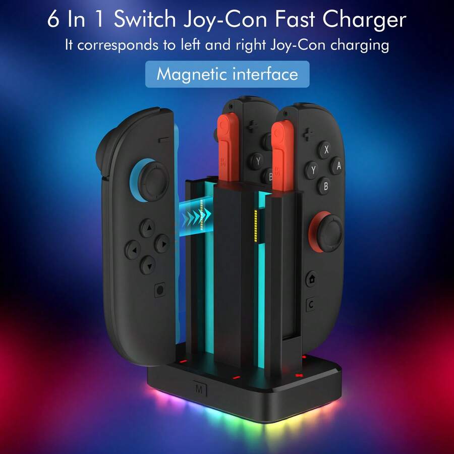 Switch2 Controller Charger - Joy-Con Left And Right Small Handheld Magnetic Charging Base - Multiple Controllers Can Be Charged Simultaneously With Indicator Light - RGB Lighting Effect - View 1