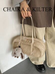 CHAIKA & KILTER 1件裝純色毛絨布料女款復古時尚啞光保齡球包，對比色絎縫縫線、雙手把設計、拉鍊開合，適合日常與外出使用（附吊飾） - 卡其色 - 查看 6