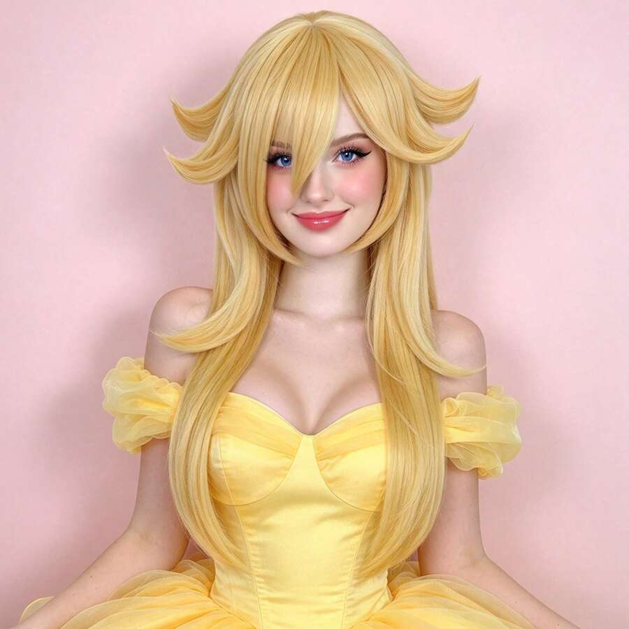 Long Light Golden Pre-Styled Layered Anime Cosplay Wig With Bangs For Women, Outward Flip Strands Heat Resistant Synthetic Full Wig For Halloween Party Princess Dress Up Comic Con Game Costume - Multicolor - View 1