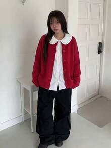 Women's Autumn/Winter Solid Color Drop Shoulder Long Sleeve Single-Breasted Casual Loose Cardigan - Red - View 5