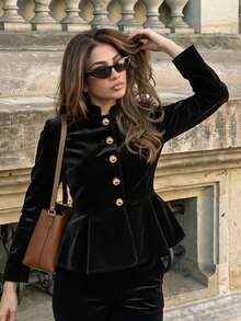 Velvet Stand Collar Gold Button Ruffle Long Sleeve Cropped Jacket, Elegant Slim Fit Autumn Short Coat - Black - View 4