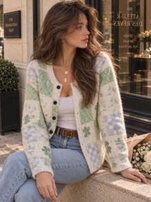 Women's Patchwork Pattern Single-Breasted Long Sleeve Knit Cardigan - Off White - View 6