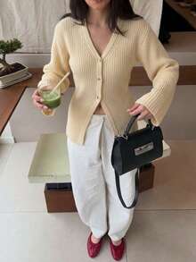 Women's Autumn/Winter Vintage Elegant Niche Casual Solid Color Knit Cardigan Sweater Jacket - Apricot - View 3