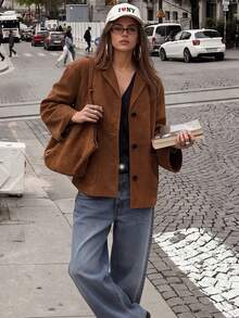 Women's Casual Suede Button-Down Jacket,Work Outfits For Women,Back To School,Going Out Outfits ,Brown Jacket,Fall Clothes For Women,Fall Winter 2026 - Coffee Brown - View 3