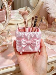 Girl Style Bow Knot Pleated Makeup Storage Bucket, Faux Satin Fabric Texture, Square Large Capacity, Can Store Makeup Tools, Also Serve As Desktop Pen Holder, Dual-Use Storage Container For Vanity And Desk - Multicolor - View 7