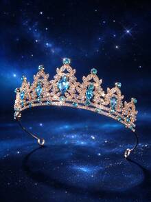 1pc European & American Fashion Exquisite Alloy Bridal Crown, Suitable For Women's Wedding Party Hair Accessory, Queen Princess Party Headpiece - Golden Lake Blue - View 9