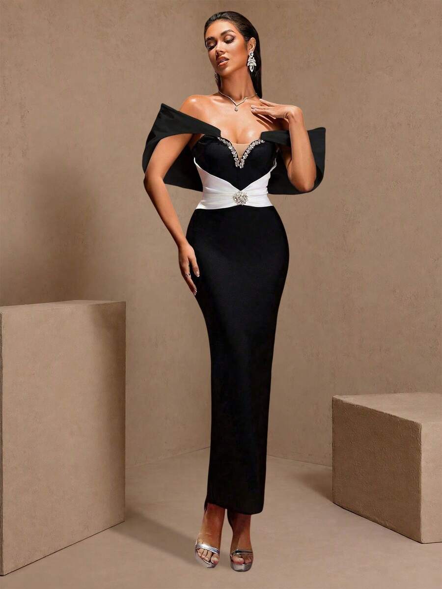 Plus Size Women Off Shoulder Contrast Color Rhinestone Decor Bandage Evening Dress, Elegant And Dignified Fall Wedding Party Black - Black - View 1