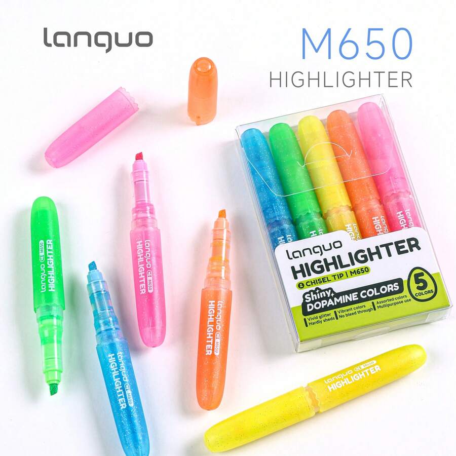5 Colors 1 Set Total 20 Colors Liquid Ink Glitter Fluorescent Highlighter Pen Set, Student Drawing Marking Highlighting Colored Fluorescent Pens, Glitter, No Powder Drop, No Bleed Through, Vibrant Colors, Suitable For Marking, Note-Taking, Journaling, Back To School Stationery - Glitter Highlighter Set - View 1