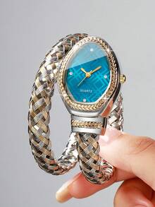 Women's Luxury Rhinestone Snake-Shaped Bracelet Watch, Woven Metal Double-Loop Band With Rhinestone Plaid Dial, Niche Fashion Quartz Wristwatch (1pc/Set), Watch Box Not Included - Multicolor - View 4